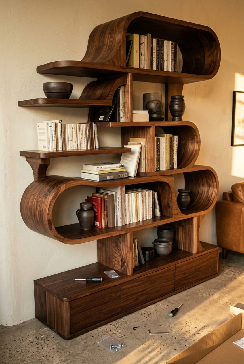 Customer photo review of Modern Sculptural Bookshelf With Curved Design For Living Room Or Office