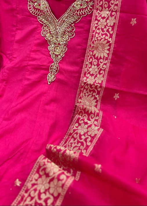 Customer photo review of Pink Banarasi Anarkali Suit Set with Dupatta