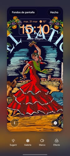 Customer's phone lock screen showing the artistic FLAMENCA WALLPAPER with a vibrant flamenco dancer.