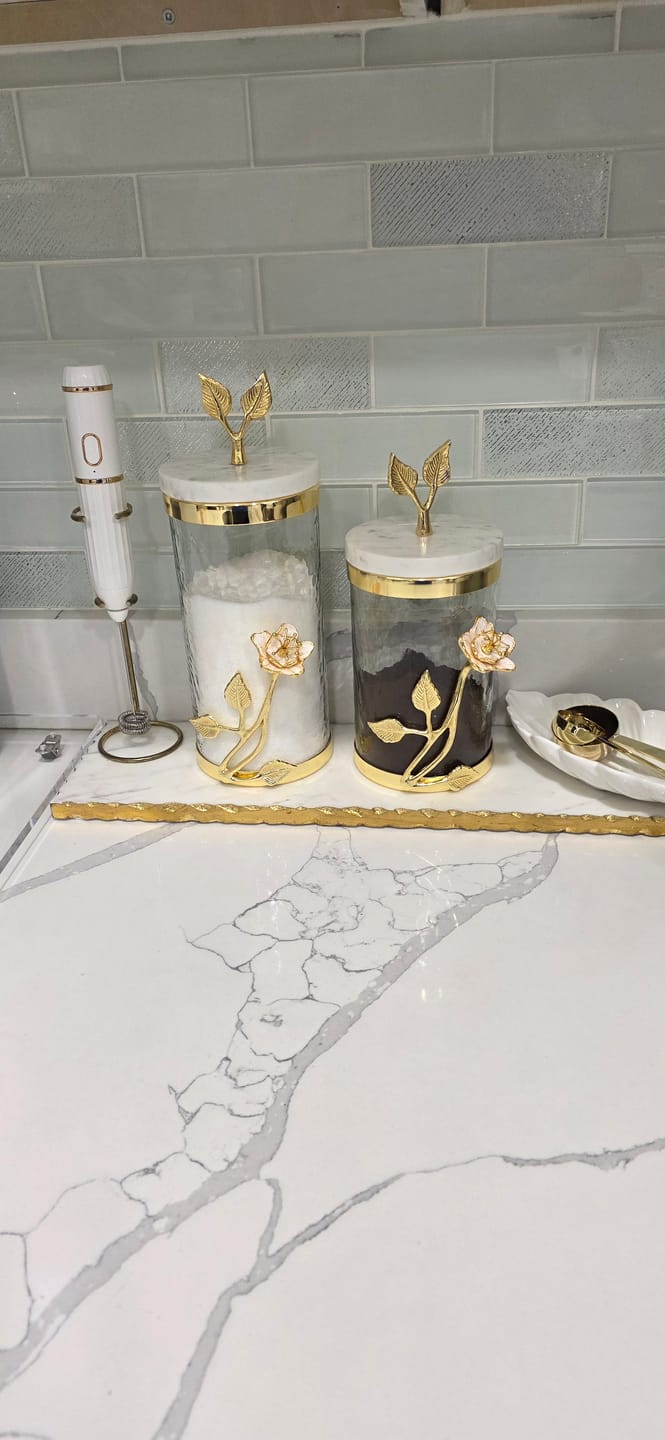 Customer photo review of Glass Canisters With Gold Leaf Design.(2 sizes available)