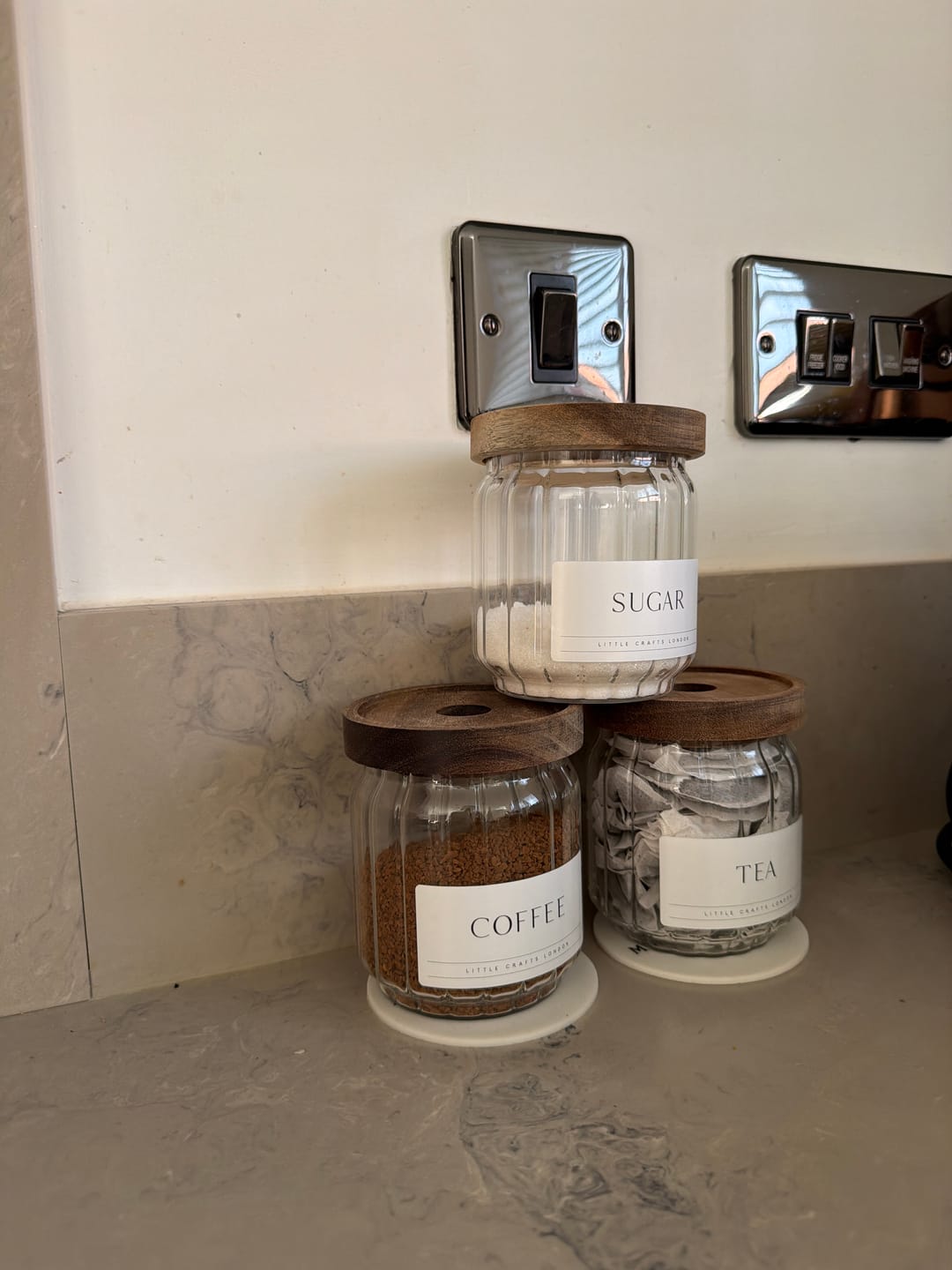 Customer photo review of Ribbed Set of 3 Acacia Glass Jars Tea, Coffee and Sugar 450 ML