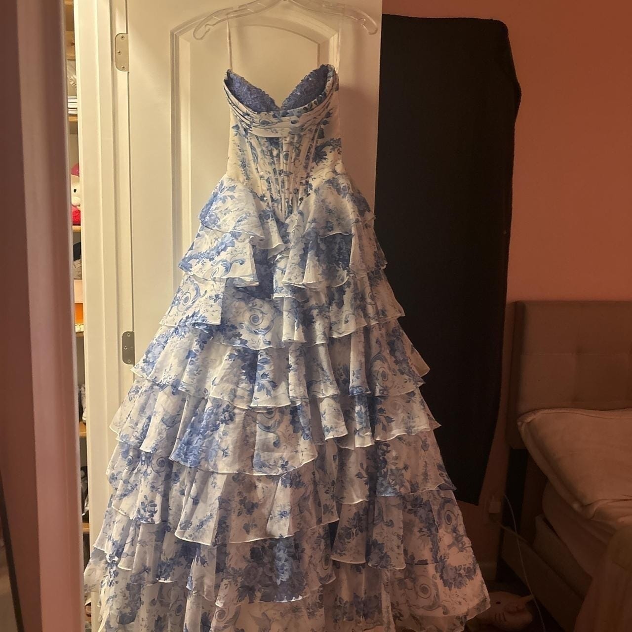 Customer photo review of Strapless White and Blue Floral Print Tiered Long Dress