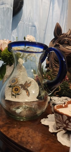 Customer photo review of Cobalt Blue Rim & Handle Glass Pitcher – Juice, Margaritas, Water, Lemonade (84 oz)