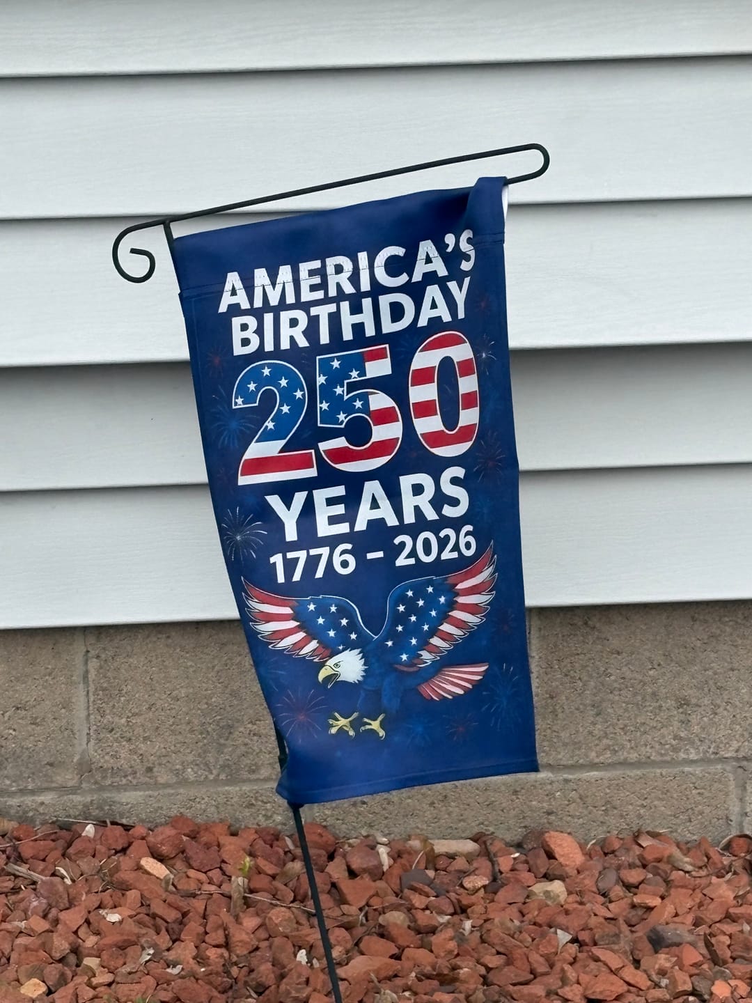 Customer photo review of USA 250 Years Yard Flags (2-Pack) — 1776 to 2026 Patriotic Eagle + Happy New Year