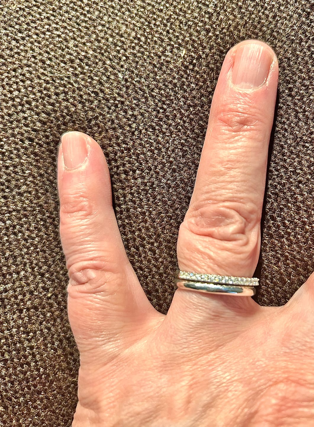 Customer photo review of Moissanite Round Half Eternity Sterling Silver Wedding Band Stackable Ring