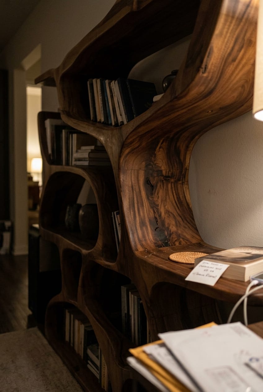 Customer photo review of Modern Bookshelf With Organic Carved Design For Living Room Or Office