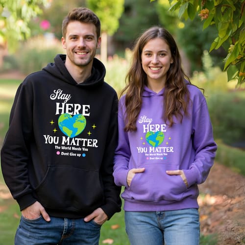 A couple of reviewers smile in their black and purple 'Stay Here' hoodies.