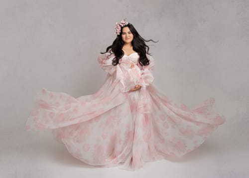 Customer photo review of New Floral Printing Silk Organza Maternity Dresses for Photoshoot Baby Shower Photography Props Lace Up Back  YW221105