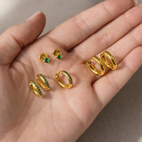 Customer photo review of Emerald Edge Studs & Golden Hoop Earring Set