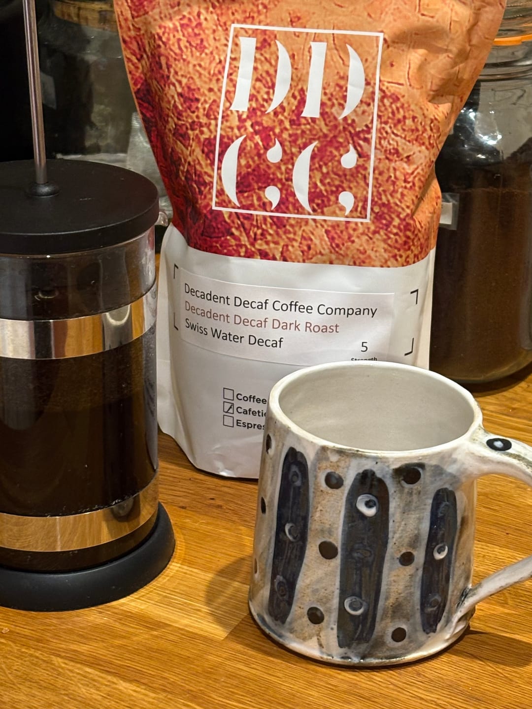 Customer photo review of Decadent Decaf Dark Roast Decaffeinated Coffee Blend - Swiss Water Decaf/CO2 Process - Strength 5