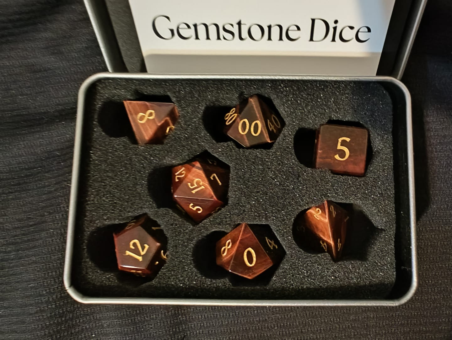 Customer photo review of Silken Flame Dice Set (Red Tiger Eye)