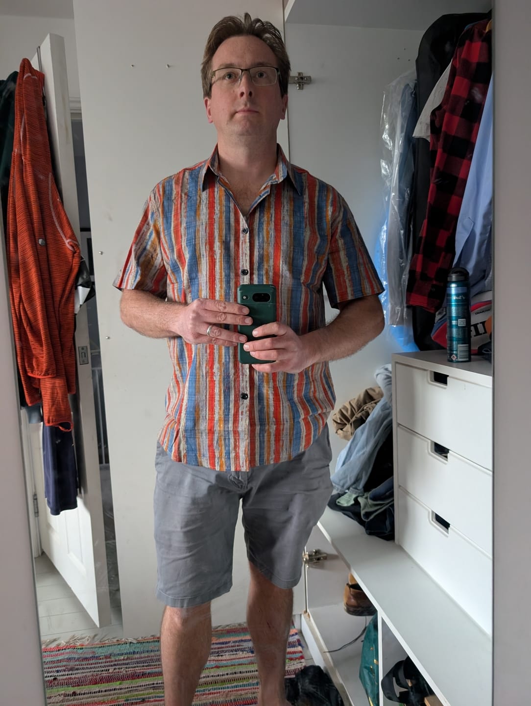 Customer photo review of Men's Casual Retro Multicolor Striped Holiday Button Up Short Sleeve Shirt