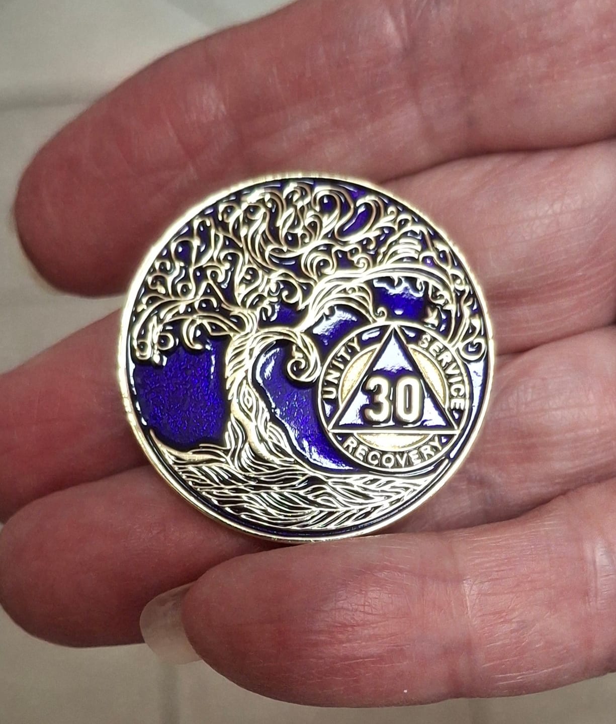 Customer photo review of 30 Year Sobriety Mint Twisted Tree of Life Gold Plated AA Recovery Medallion - Thirty Year Chip/Coin - Purple
