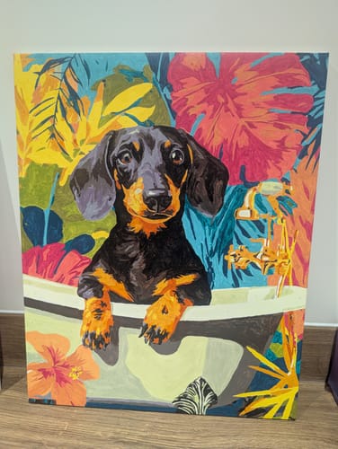 Customer's completed Tropical dachshund Paint by Number canvas, showing a dog in a tub against a colorful, leafy background.