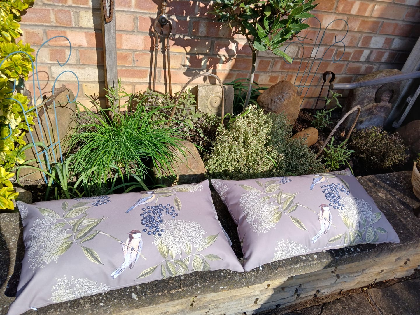 Customer photo review of Outdoor Garden Waterproof Rectangle Cushion - Birds On Elderflower