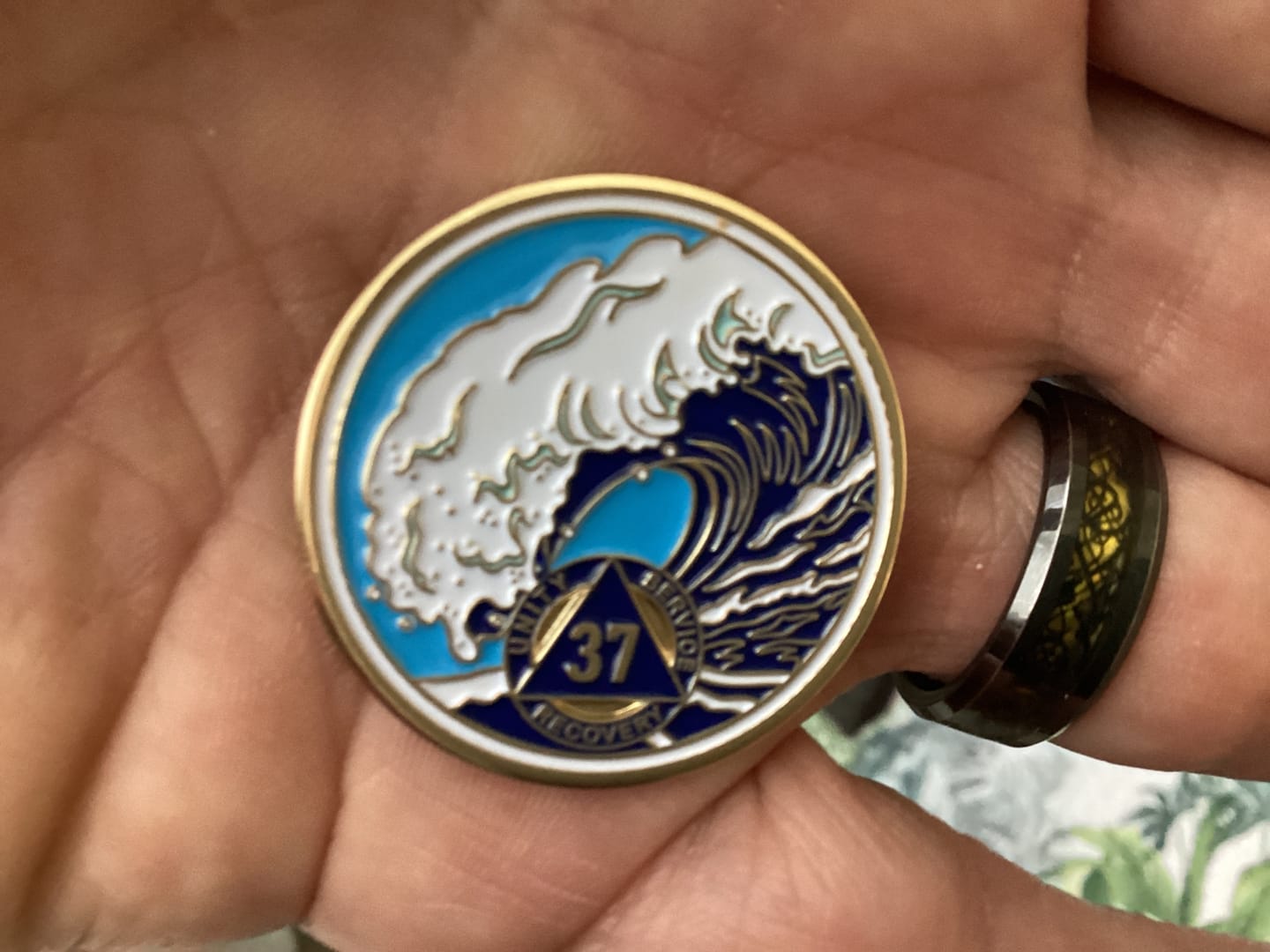 Customer photo review of 37 Year Sobriety Mint Crashing Wave Gold Plated AA Recovery Medallion - Thirty Seven Year Chip/Coin - Blue/White