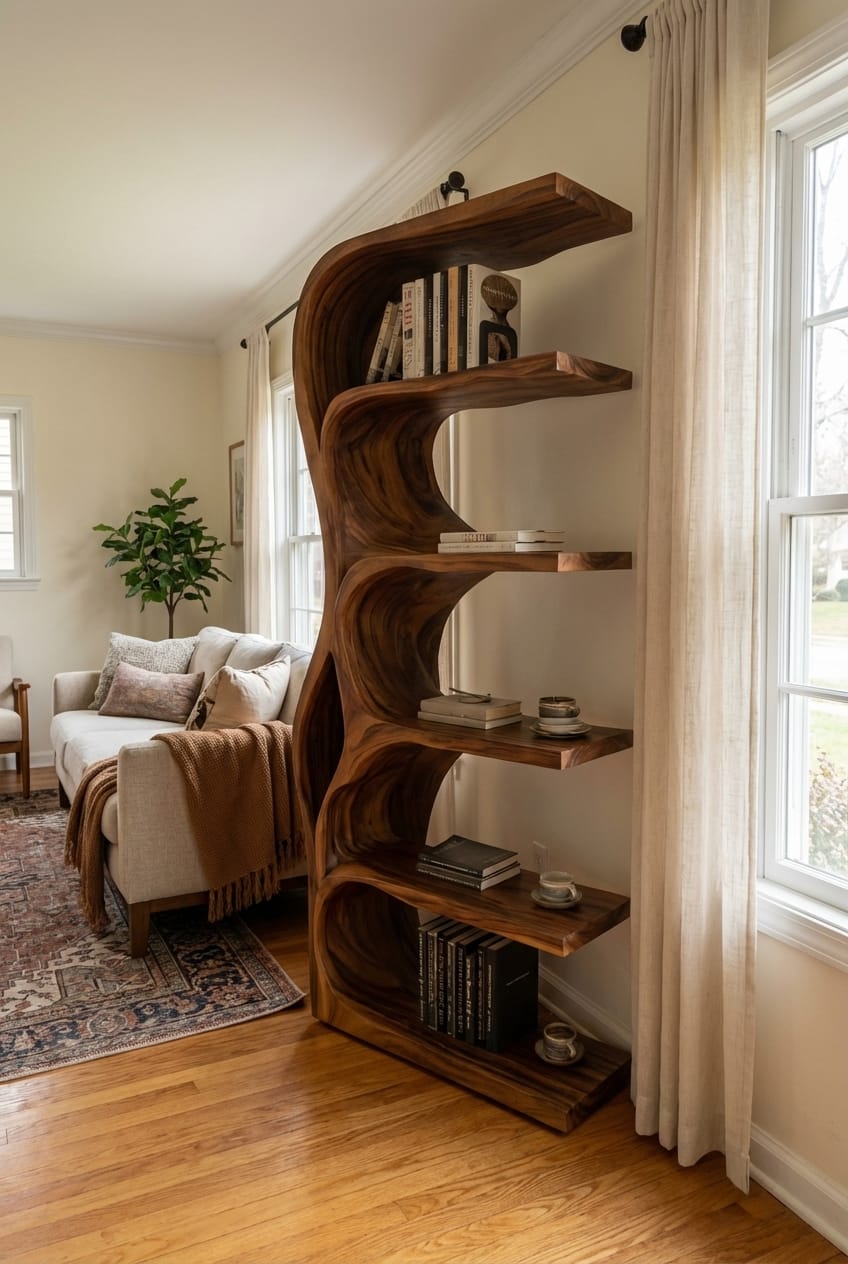 Customer photo review of Organic Bookshelf With Curved Open Shelving For Bedroom Decor