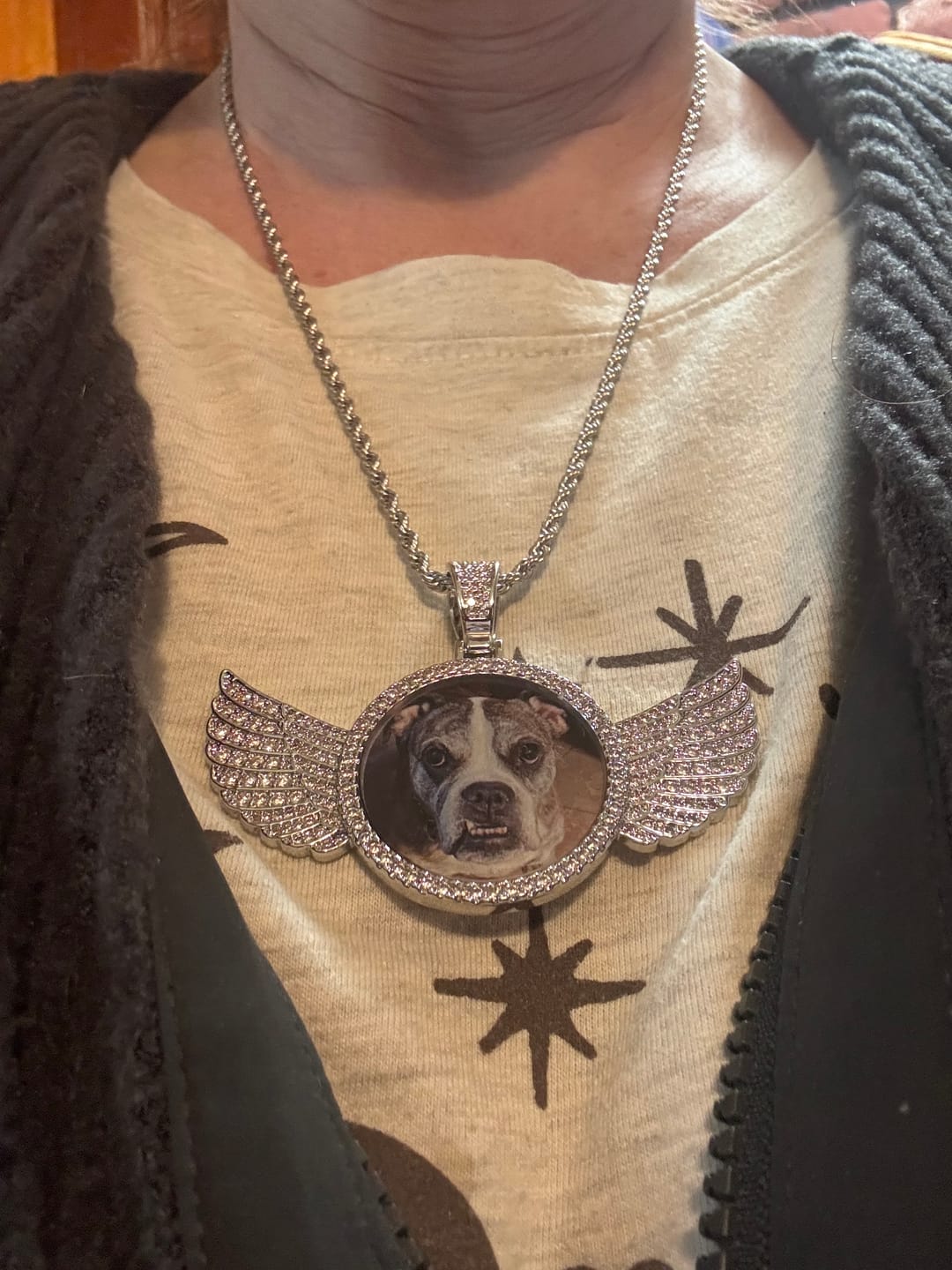 Customer photo review of Diamond Studded Angel Wing Photo Necklace