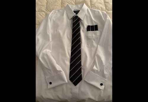 Customer photo review of Ties2you Silk Black Necktie White Striped Business Tie Pocket Square Cufflinks Set