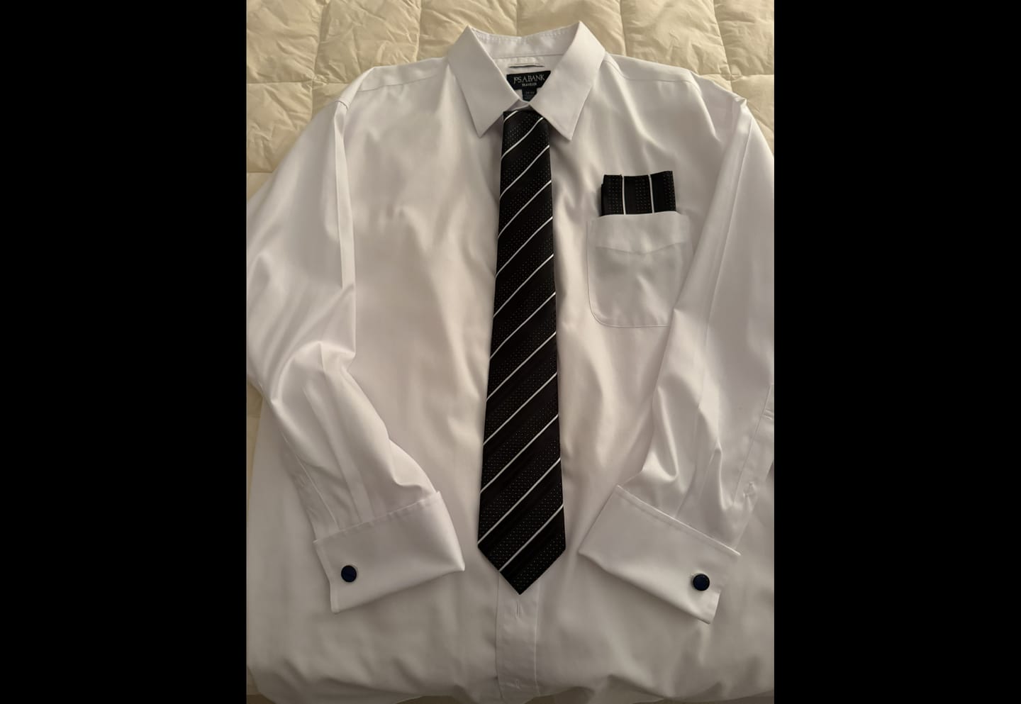Customer photo review of Ties2you Silk Black Necktie White Striped Business Tie Pocket Square Cufflinks Set