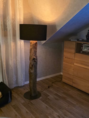 Rezensent zeigt die leuchtende Kenyon Standlampe mit Holzstamm und schwarzem Schirm in einer Zimmerecke.