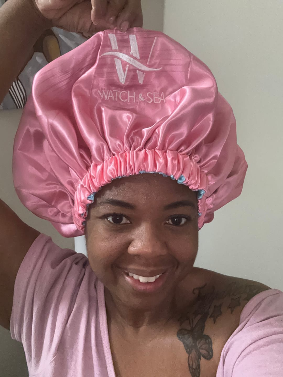 Customer photo review of Sea So Protective Reversible Satin Hair Bonnet