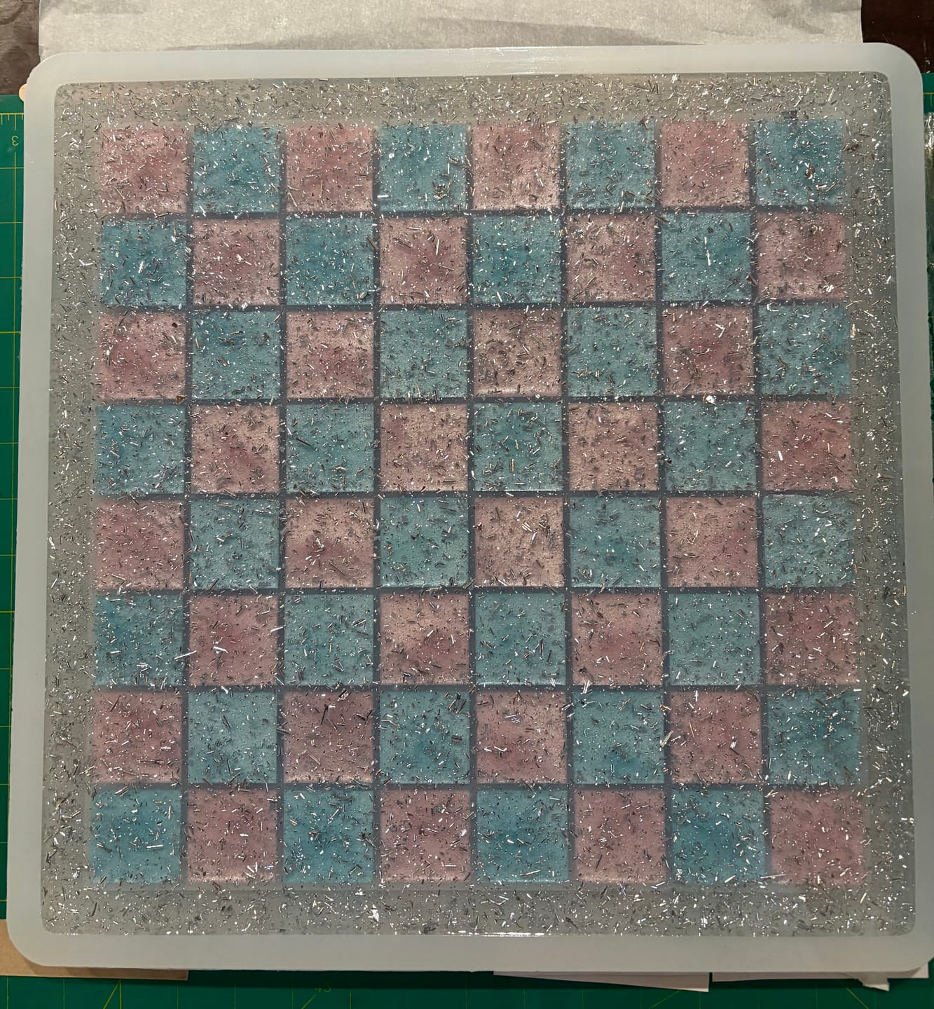 Customer photo review of 14.5x14.5x0.5" Medium Chess Board Silicone Mold With 1.5" Squares