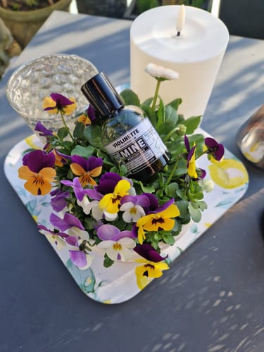 Recensore presenta la boccetta di VIOLINETTE in una composizione floreale con violette colorate e una candela.
