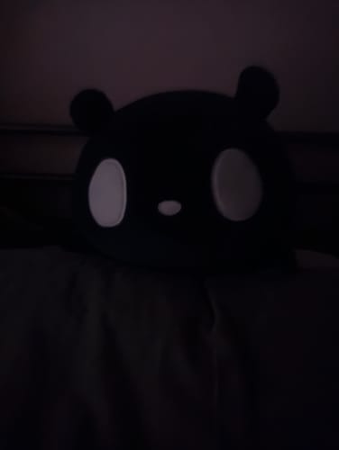 Reviewer's Watcher Slugcat Pillow Plush in a dark room, its white eyes peeking over a dark surface.