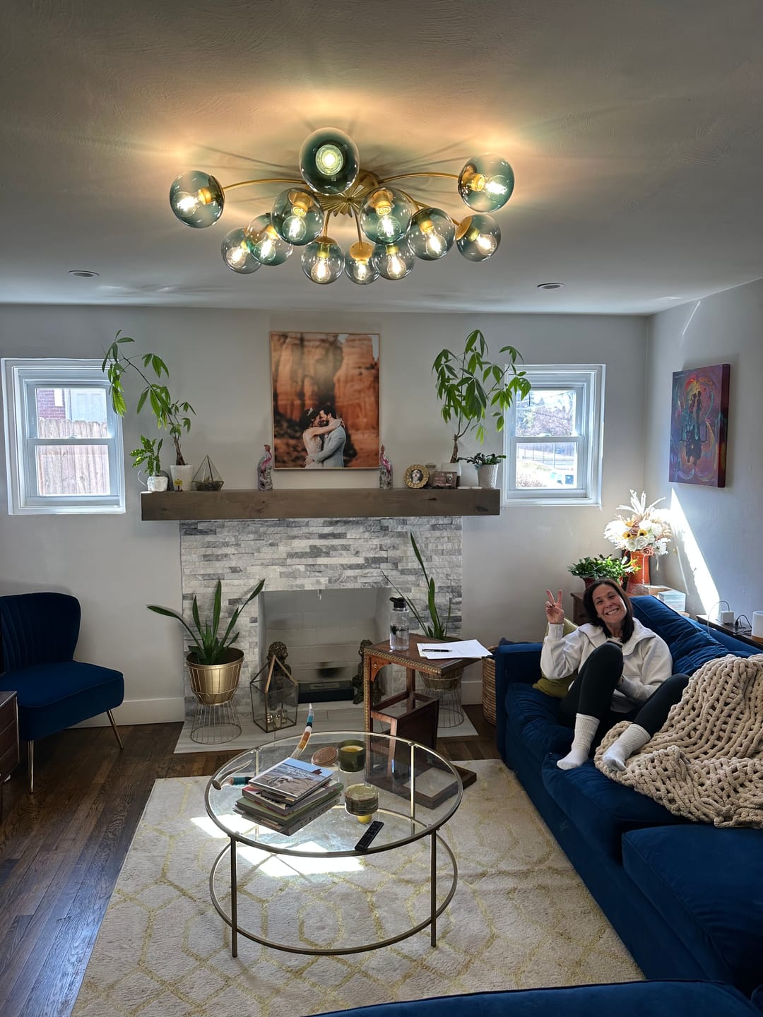 Customer photo review of Glam Bloom 12-Light Blue Glass Bubble Semi Flush Chandelier