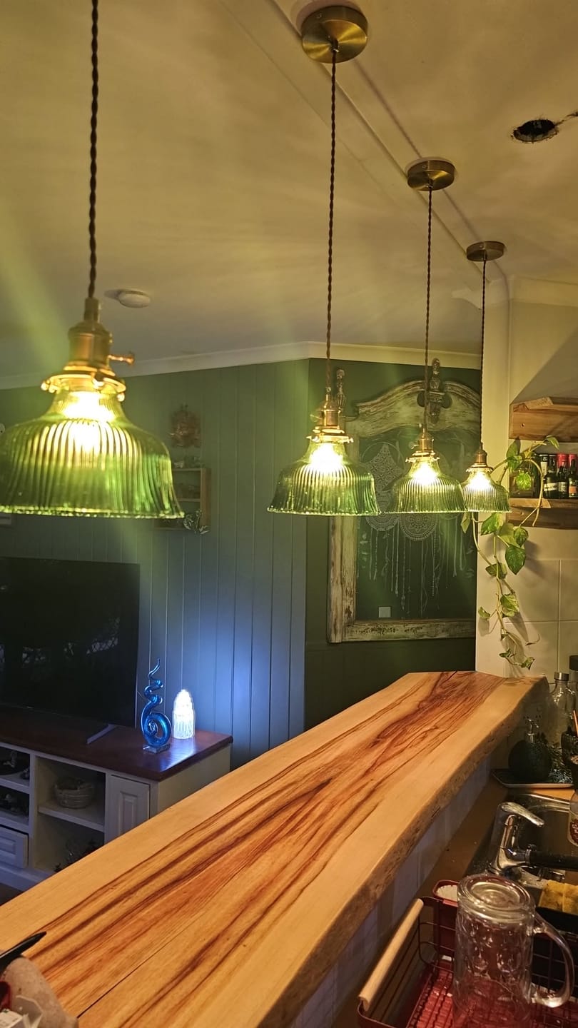 Customer photo review of Vintage Minimalist 1-Light Strip Patterned Glass Flower Dome Pendant Light