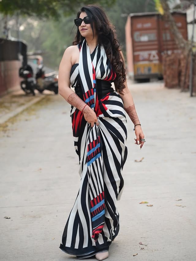 Customer photo review of Crow Black and White Stripes Printed Satin Crepe Silk Saree
