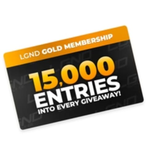 Customer's black and gold LGND Gold Membership card showing the benefit of 15,000 entries into every giveaway.