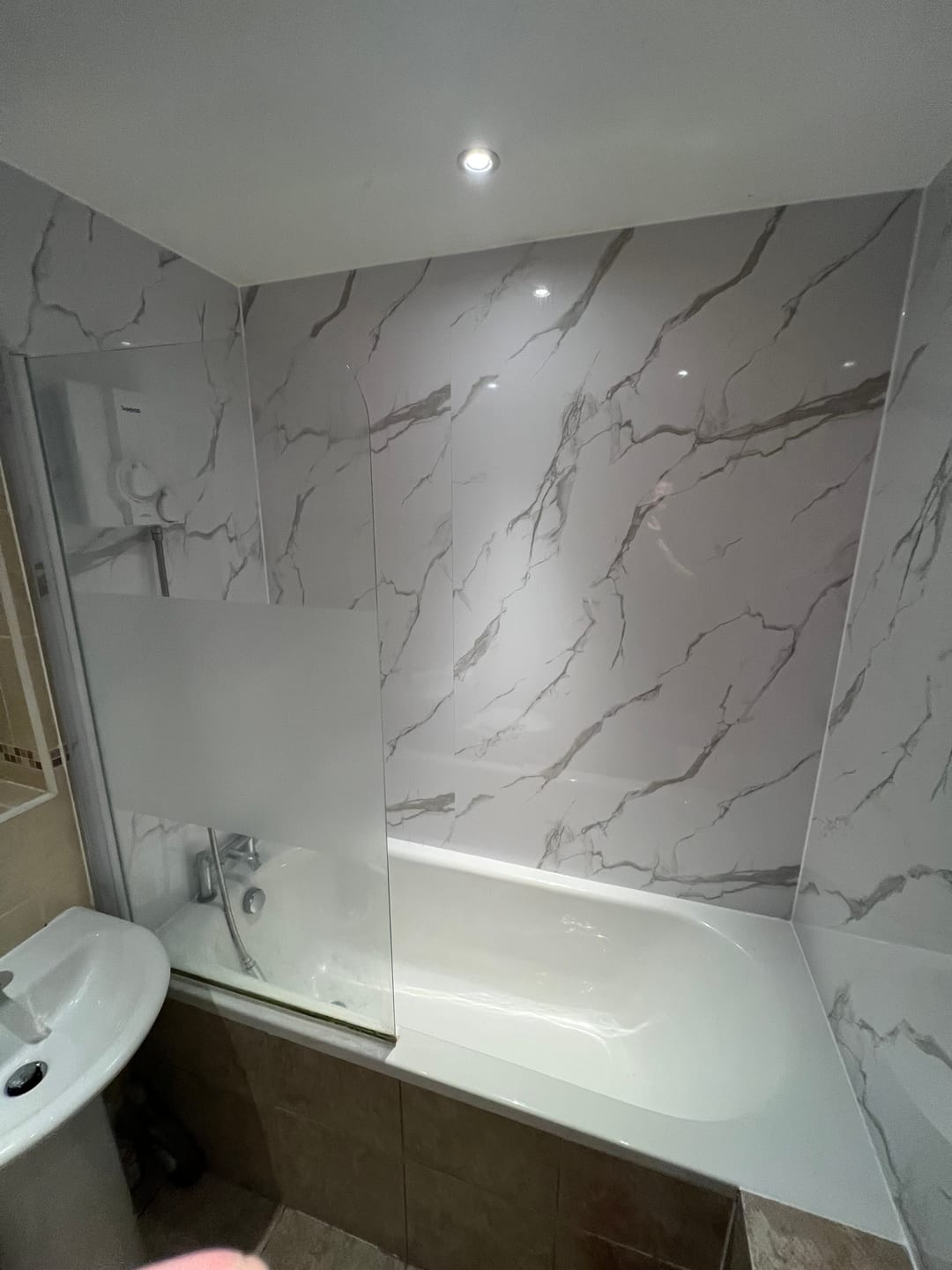 Customer photo review of Premium Carrara White Marble Gloss Shower Wall Panel – 1M x 2.4M