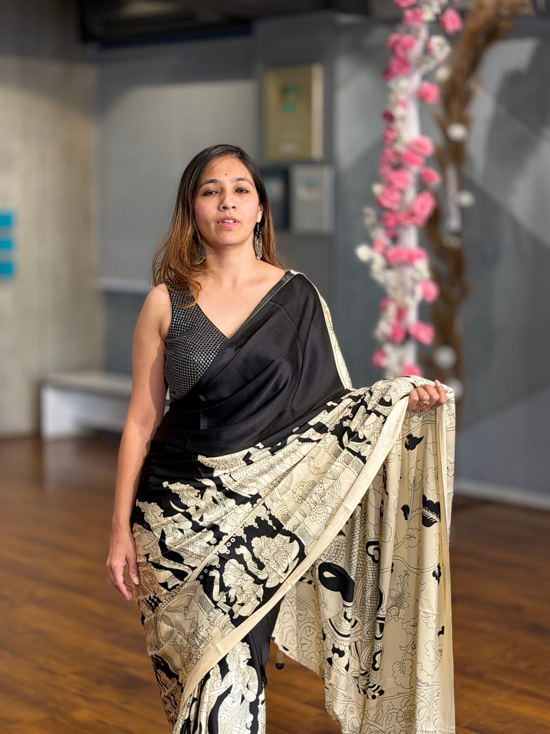 Customer photo review of Gunmetal Black Ajrakh Printed Satin Crepe Silk Saree