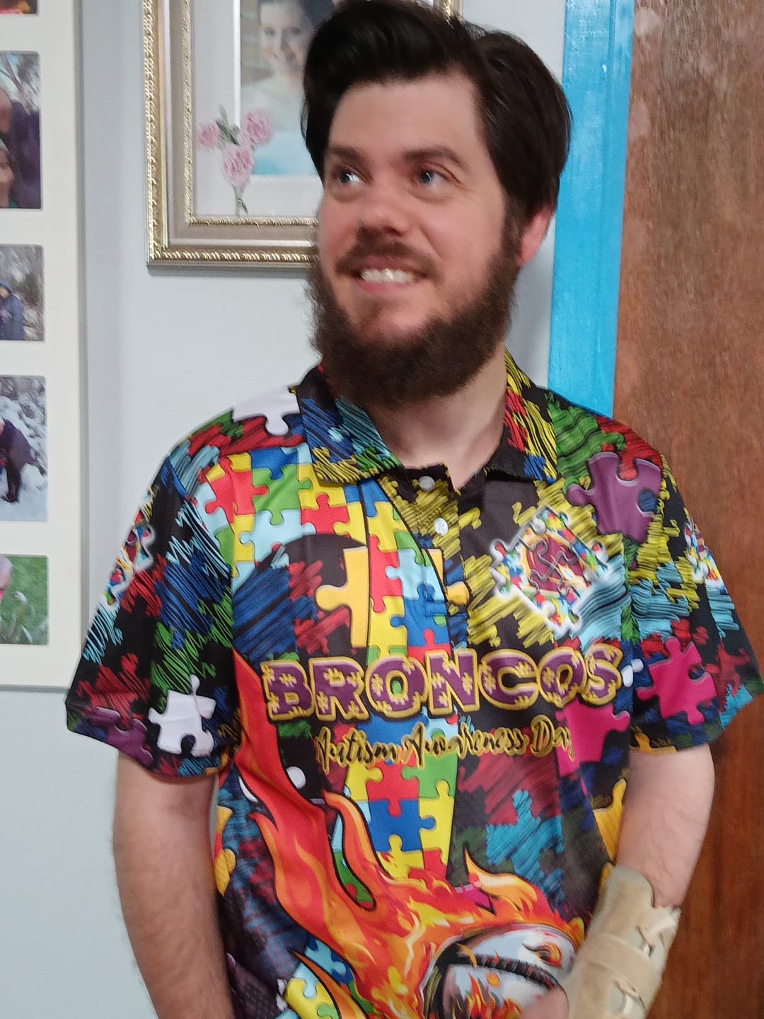 Customer photo review of Broncos Autism Awareness Polo Shirt Puzzle Flames Rugby Ball DT02
