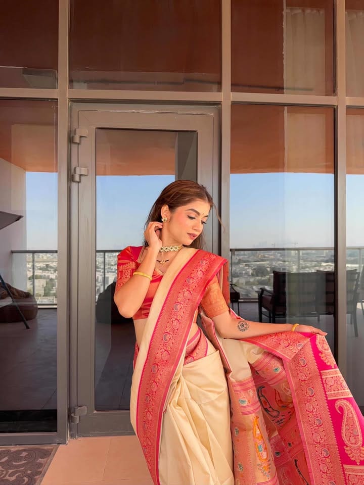 Customer photo review of Vanilla Cream Woven Banarasi Soft Silk Saree