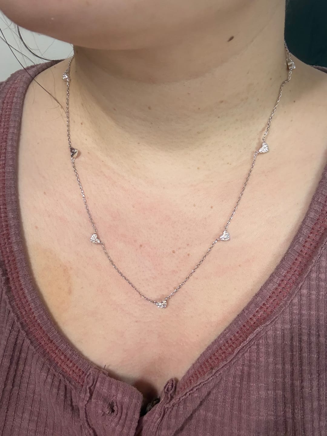 Customer photo review of Irene 18k White Gold Plated Heart Station Necklace with Swarovski Crystals