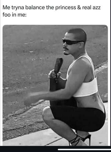 Reviewer's meme for the Lem Clitoral Massager showing a person blending masculine and feminine clothing styles.