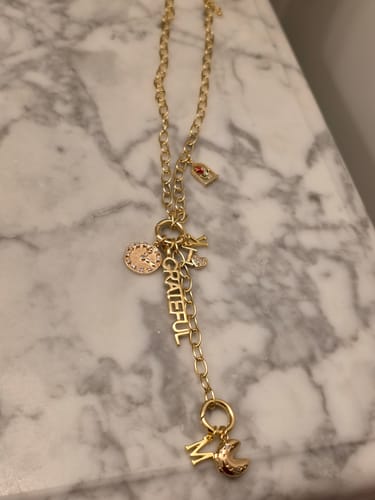 Customer photo review of 2 Carabiner- Gold Lariat Necklace 18K Gold Plated (7 Charms)- TT PICK CHARMS  LIVE