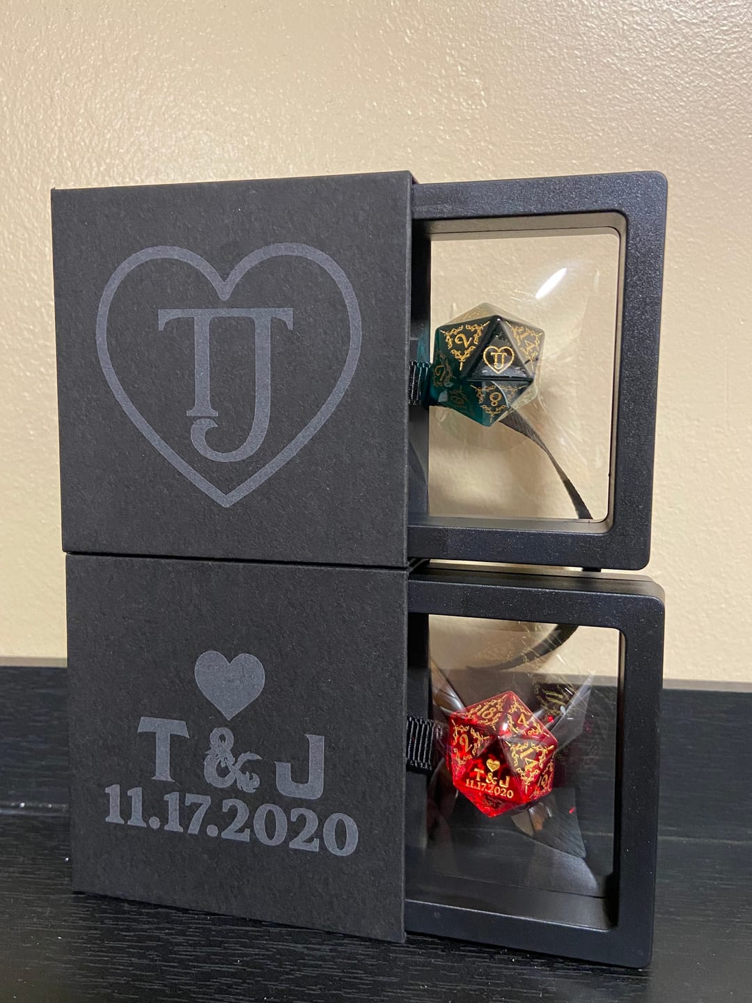Customer photo review of Custom Anniversary D20 Dice – Personalized D&D Gift