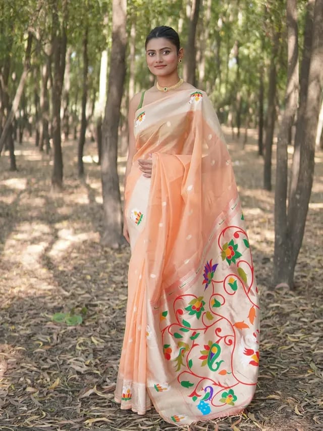 Customer photo review of Burnt Orange Organza Woven Paithani Saree