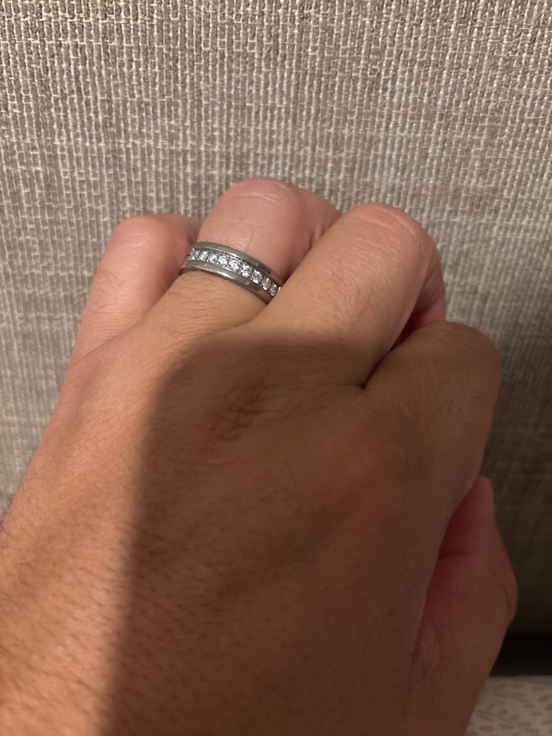 Customer photo review of Gold Titanium Wedding Band W/ 9 CZ Diamond Inlay High Polish 6mm