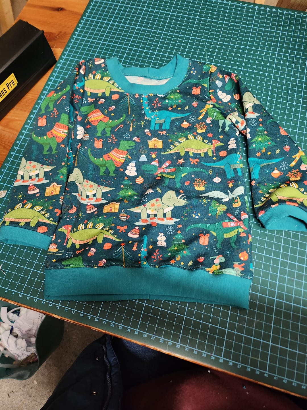 Customer photo review of Christmas Dinosaurs on Dark Teal French Terry Fabric