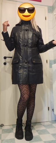 Customer photo review of Women’s Black 3/4 Length Leather Coat With Hood