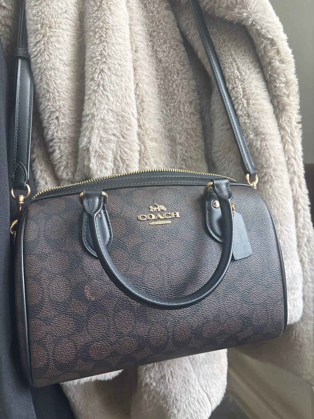 Customer photo review of Coach Women's Rowan Satchel Bag In Signature Canvas Gold/Walnut/Black