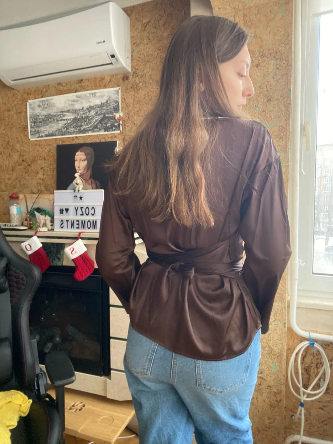 Customer photo review of Penelope Tie Back Satin Blouse