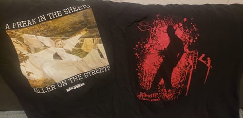 Customer's TV/Movie t-shirts from the wholesale mix, featuring black tees for Halloween and A Nightmare on Elm Street.