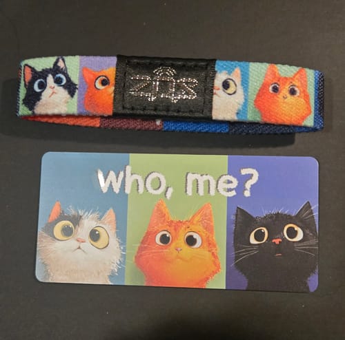 Customer's Who Me? Cat Bracelet showing cartoon cat faces, displayed with its matching collector's card.