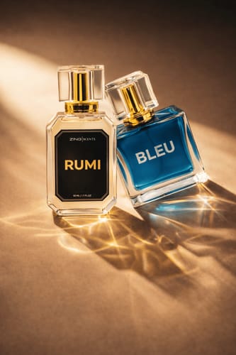 Reviewer's Rumi and Bleu de Zing perfume bottles from the 'Deal of the Month' arranged under warm light.